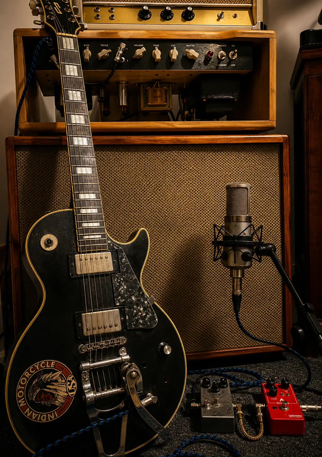 Guitar, amplifier, cabinet and microphone set up for recording