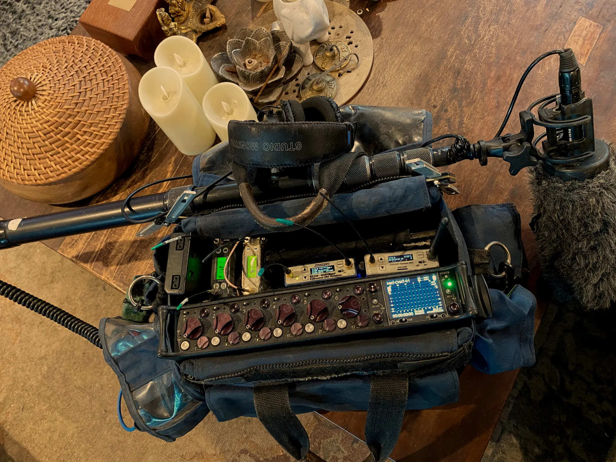 Location sound mixer bag, recorder, wireless receivers, boom, and microphone
