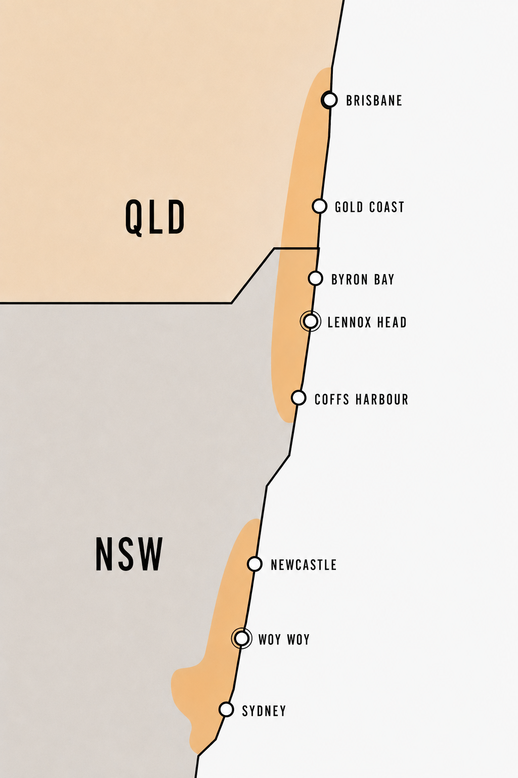 Simplified map showing Fraser-Rose local service areas from Brisbane to Coffs Harbour and across Sydney, the Central Coast, and Newcastle