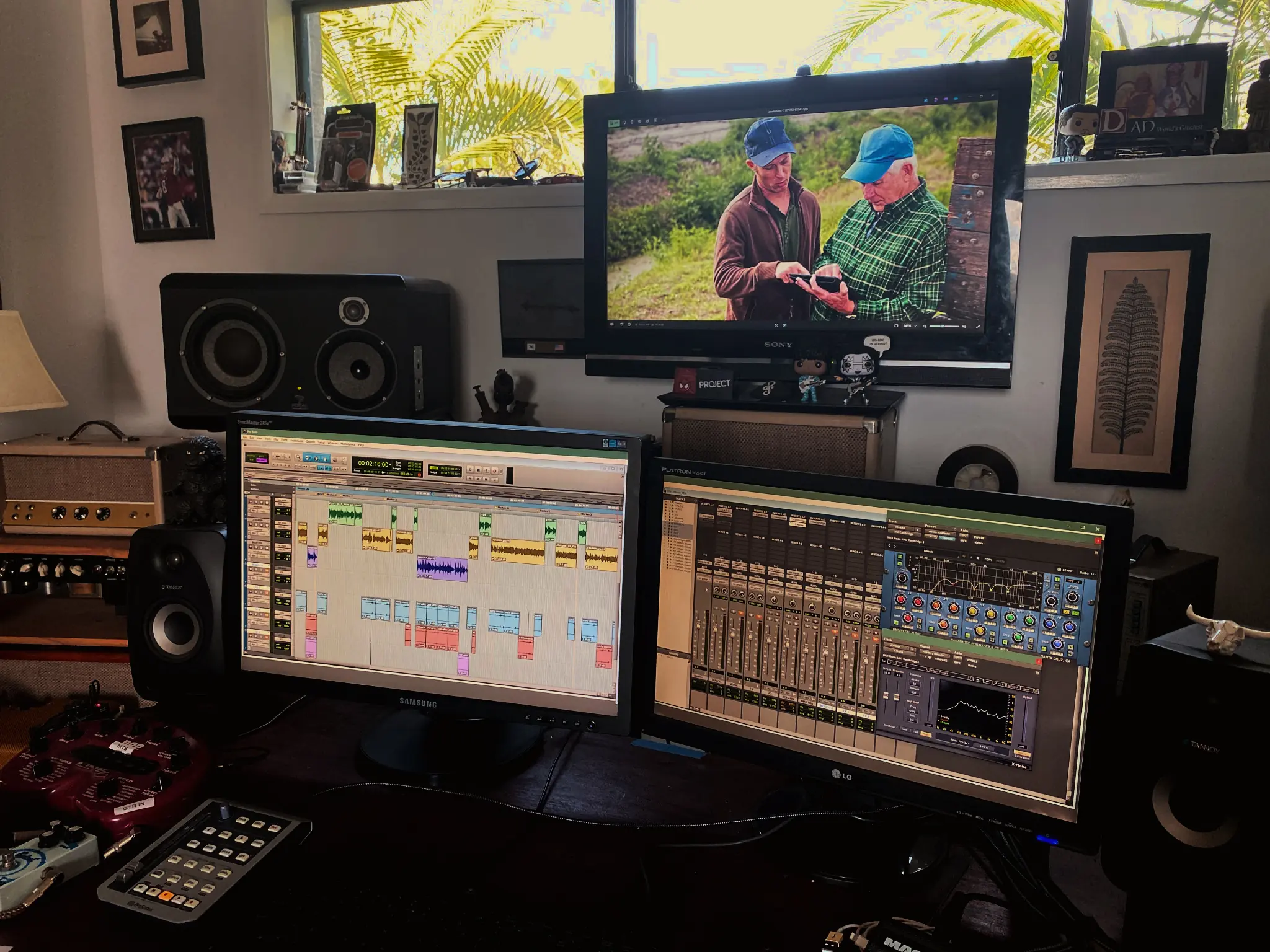 Audio post-production workstation with Pro Tools sessions and video playback